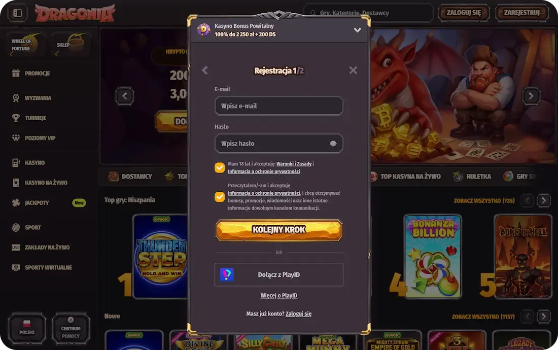 rejestracja w kasynie dragonia